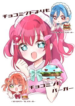 3girls :d ;d absurdres ai_scream!_(love_live!) aiscream_(love_live!) blue_bow blue_bowtie blue_choker blue_eyes blue_hair blush bow bowtie brown_eyes burger chestnut_mouth chibi chibi_inset choker commentary_request dress food food_coloring green_eyes hair_bun hair_ornament hairclip heart heart_hair_ornament highres holding holding_burger holding_food index_finger_raised kurosawa_ruby looking_at_viewer love_live! love_live!_nijigasaki_high_school_idol_club love_live!_sunshine!! love_live!_superstar!! maid maid_headdress mcdonald&#039;s medium_hair multiple_girls one_eye_closed open_mouth orange_hair parallel_hairclips parted_lips pink_dress pinstripe_sleeves puffy_short_sleeves puffy_sleeves red_bow red_bowtie red_hair ririn_(ririn_501) short_sleeves simple_background single_side_bun smile star-shaped_pupils star_(symbol) symbol-shaped_pupils translation_request uehara_ayumu wakana_shiki white_background