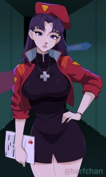 absurdres barfchan beret black_dress breasts cowboy_shot cross cross_necklace dress hand_on_own_hip hat highres jacket jewelry katsuragi_misato large_breasts necklace neon_genesis_evangelion open_clothes open_jacket purple_eyes purple_hair standing