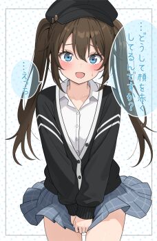1girl black_hat blue_eyes blue_skirt blush brown_hair collarbone collared_shirt commentary_request cowboy_shot daito_(daitooekakiaka) hair_between_eyes hat highres long_hair long_sleeves looking_at_viewer love_live! love_live!_nijigasaki_high_school_idol_club miniskirt official_alternate_costume official_alternate_hairstyle open_mouth osaka_shizuku plaid_clothes plaid_skirt pleated_skirt polka_dot polka_dot_background shirt sidelocks skirt skirt_tug solo speech_bubble sweatdrop translation_request twintails white_shirt