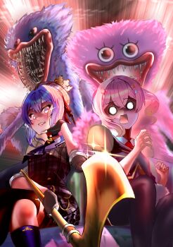 Rule 34 | 2girls, absurdres, anemachi, asymmetrical legwear, black thighhighs, blue eyes, blue hair, chain, choker, commentary, english commentary, evil grin, evil smile, glowing, glowing eyes, grin, hair between eyes, hair bun, hair ornament, highres, holding, hololive, hoshimachi suisei, hoshimachi suisei (1st costume), huggy wuggy, kissy missy, long sleeves, looking at another, multiple girls, open mouth, pink hair, poppy playtime, scared, sharp teeth, siblings, sisters, skirt, smile, star (symbol), star choker, star hair ornament, teeth, thighhighs, tmo88, virtual youtuber