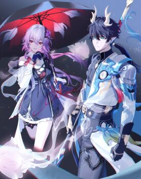 Rule 34 | 1boy, 1girl, belt, black hair, commentary request, dan heng (honkai: star rail), dan heng (permansor terrae) (honkai: star rail), dragon boy, dragon horns, dragon tail, dress, earrings, evernight (honkai: star rail), evey (honkai: star rail), fingernails, flower, gauntlets, gloves, gr giri, green eyes, hadanugi dousa, hair between eyes, hair flower, hair ornament, hairclip, highres, holding, holding polearm, holding umbrella, holding weapon, honkai: star rail, honkai (series), horns, jewelry, layered dress, long hair, low ponytail, march 7th (honkai: star rail), memosprite, open kimono, pants, pink hair, pointy ears, polearm, ponytail, red eyes, single earring, smile, tail, tassel, thigh strap, umbrella, v-shaped eyebrows, very long hair, weapon