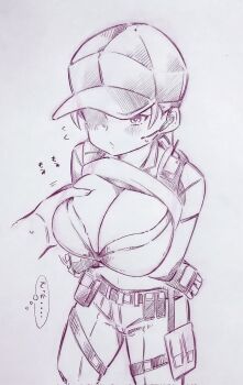 1boy 1girl arms_under_breasts belt blush bra breasts character_request cleavage copyright_request disembodied_hand fingerless_gloves flying_sweatdrops gloves grabbing_another's_breast groping hat hatching_(texture) headset highres large_breasts monochrome pants solo_focus strap traditional_media tsukareta_san underwear utility_belt