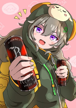 1girl :d absurdres backpack bag blush brand_name_imitation can commentary_request curly_hair energy_drink eyelashes fingernails green_hoodie hair_between_eyes happy hibi_wa_sugiredo_meshi_umashi higa_tsutsuji highres holding holding_can hood hood_up hoodie icenoa1011 incoming_drink long_hair long_sleeves looking_at_viewer notice_lines open_mouth pink_background purple_eyes smile solo tassel upper_body yellow_bag