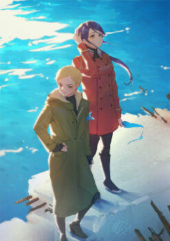 2girls absurdres akagi_ritsuko black_footwear black_gloves black_legwear black_shirt blonde_hair boots brown_eyes buttons chinese_commentary closed_mouth coat commentary_request double-breasted earrings fingerless_gloves full_body gloves green_coat green_eyes hand_on_own_hip hand_up highres jacket jewelry katsuragi_misato knee_boots long_hair long_sleeves mole mole_under_eye multiple_girls neon_genesis_evangelion ocean purple_hair rebar rebuild_of_evangelion red_jacket sandwich_(3meiji) shirt shoes short_hair standing very_short_hair water