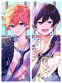 2boys ahoge akehoshi_subaru black_hair blue_eyes blue_jacket blue_necktie border closed_mouth commentary_request ensemble_stars! hair_between_eyes hidaka_hokuto highres jacket long_sleeves looking_at_viewer multiple_boys necktie official_alternate_costume open_clothes open_jacket open_mouth orange_hair outstretched_arm print_shirt shirase_(shirose) shirt short_hair smile upper_body white_border