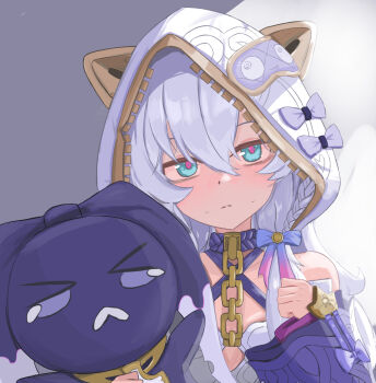 Rule 34 | 1girl, animal ears, animal hood, bags under eyes, bare shoulders, blue eyes, bow, chain, closed mouth, commentary request, fake animal ears, grey hair, hair between eyes, highres, honkai (series), honkai impact 3rd, hood, hood up, long sleeves, looking at viewer, masita (kcsf3528), purple bow, sleeves past wrists, solo, stuffed animal, stuffed toy, sweat, theresa apocalypse, theresa apocalypse (schicksal's imperative), upper body