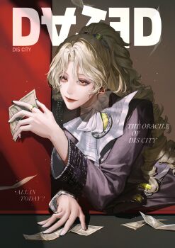 1girl banknote blonde_hair commentary_request curly_hair hand_up highres light_smile linceyang long_sleeves money parfait_(path_to_nowhere) parted_bangs path_to_nowhere ponytail solo upper_body