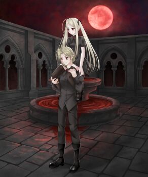 1boy 1girl absurdres aeris_eriethil antenna_hair aranmil_eriethil blonde_hair blood brother_and_sister carrying couple dark full_moon goth_fashion gothic_lolita highres incest lolita_fashion long_hair mary_janes moon original pale_skin parted_bangs piggyback pointy_ears red_eyes red_moon ruins shoes siblings soliturnia thighhighs twincest twins twintails vampire