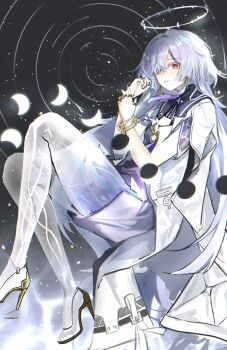 Rule 34 | 1girl, chinese commentary, commentary request, dress, earrings, grey hair, halo, hand up, high heels, highres, jacket, jewelry, long hair, looking at viewer, minglu (gululu), mornye (wuthering waves), multiple rings, purple dress, red eyes, ring, see-through body, shoes, solo, triangle earrings, very long hair, white jacket, white shoes, wuthering waves