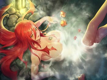 1girl action_taimanin artist_request astaroth_(taimanin_asagi) breast_tattoo breasts completely_nude game_cg highres huge_breasts impossible_clothes impossible_leotard indoors leotard lilith-soft lips long_hair looking_at_viewer nude official_art onsen shiny_skin sittting smile solo steam taimanin_(series) tattoo very_long_hair water wet wet_hair yellow_eyes