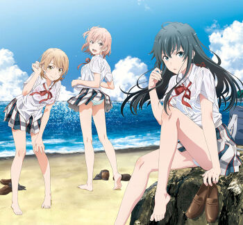3girls adjusting_hair artist_request bag bare_legs barefoot beach black_hair blonde_hair blue_eyes bow bowtie bra_visible_through_clothes closed_mouth cloud day full_body green_panties isshiki_iroha loafers long_hair looking_at_viewer medium_hair miniskirt multiple_girls ocean official_art open_mouth panties pantyshot parted_lips pink_eyes pink_hair plaid_clothes plaid_skirt pleated_skirt red_bow red_bowtie school_bag shirt shoes short_sleeves sitting skirt sky smile standing summer summer_uniform toes underwear unworn_clothes wet wet_clothes wet_shirt white_panties white_shirt yahari_ore_no_seishun_lovecome_wa_machigatteiru. yellow_eyes yuigahama_yui yukinoshita_yukino