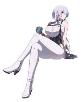 1girl arm_support backless_shirt bare_shoulders black_choker black_corset black_gloves blue_eyes breasts brid_(nikke) brid_(silent_track)_(nikke) button_gap chest_harness choker closed_mouth collared_shirt colored_inner_hair commentary corset crossed_legs cup dress_shirt english_commentary gloves goddess_of_victory:_nikke hair_down hair_over_one_eye half_gloves harness high_heels highres holding holding_cup large_breasts miine_1029 multicolored_hair pants shirt sideboob sideless_shirt simple_background sitting solo tight_clothes tight_pants white_background white_hair white_shirt