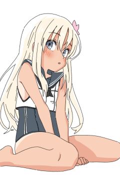 1girl absurdres barefoot between_legs blonde_hair blue_eyes blue_sailor_collar blush commentary flower hair_flower hair_ornament hand_between_legs highres kantai_collection long_hair looking_at_viewer one-piece_swimsuit parted_lips pok_(pok_0002) ro-500_(kancolle) sailor_collar simple_background sitting solo swimsuit tan tanline wariza white_background