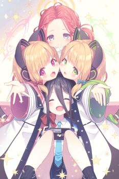 4girls :d ^_^ animal_ear_headphones animal_ears aris_(blue_archive) black_hair black_skirt black_socks blonde_hair blue_archive blue_eyes blue_necktie blush bow braid closed_eyes closed_mouth collared_shirt commentary_request facing_viewer fake_animal_ears forehead game_development_department_(blue_archive) green_eyes hair_between_eyes halo headphones highres hood hood_down hooded_jacket jacket knees_up long_hair long_sleeves looking_at_viewer midori_(blue_archive) momoi_(blue_archive) multiple_girls necktie one_side_up open_clothes open_jacket open_mouth pleated_skirt power_symbol purple_eyes red_bow red_hair ribbed_socks sasakura_momiji shirt siblings sisters skirt smile socks tail twins very_long_hair white_jacket white_shirt wide_sleeves yuzu_(blue_archive)
