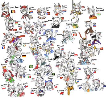 Rule 34 | 6+girls, american flag, australian flag, blue eyes, brazilian flag, canadian flag, character name, character request, chinese text, cowboy hat, drinking, eating, english flag, english text, eyewear on head, flag, food, german flag, german text, gun, hat, highres, holding, holding food, holding gun, holding sword, holding weapon, hot dog, jacket, japanese flag, mexican flag, military uniform, multiple girls, new zealand flag, one of agnes digital, open clothes, open jacket, people's republic of china flag, portuguese flag, real life, red eyes, republic of china flag, russian flag, singaporean flag, sword, tongue, tongue out, umamusume, vietnamese flag, weapon, white background