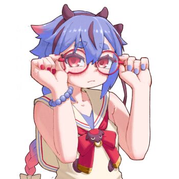 1other adjusting_eyewear bead_bracelet beads bespectacled blue_hair blue_nails bracelet braid closed_mouth commentary_request glasses gynoid_talk hands_up highres horns jewelry kanbaru_mitsuki looking_at_viewer meika_mikoto multicolored_nails nail_polish other_focus red_eyes red_nails sailor_collar shirt simple_background sleeveless sleeveless_shirt solo two-tone_nails upper_body vocaloid watermark white_background