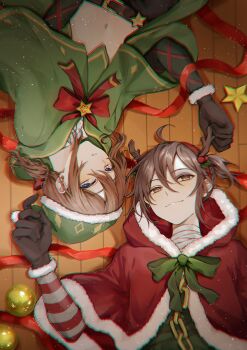 !_(rsa_yuhr) 2boys :3 absurdres alternate_costume androgynous bandaged_neck bandages black_gloves blue_eyes bow brown_hair bruise bruised_eye capelet chain christmas edgar_valden edgar_valden_(cozy_christmas_eve) from_above fur-trimmed_capelet fur-trimmed_gloves fur-trimmed_hood fur_trim gloves gold_chain green_bow green_capelet hair_bow highres hood hood_down hooded_capelet identity_v injury looking_at_viewer low_ponytail luca_balsa lying male_focus multiple_boys navel ponytail red_bow red_capelet red_ribbon ribbon rotational_symmetry short_ponytail smile striped_sleeves upper_body wooden_floor yellow_eyes yellow_trim