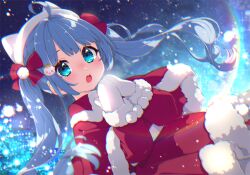 Rule 34 | 1girl, :o, ahoge, animal ears, animal hat, aqua eyes, blue hair, blurry, blurry background, blush, bow, capelet, cat ears, dress, dutch angle, fur-trimmed sleeves, fur trim, hair bow, hair ornament, hands up, hat, long hair, long sleeves, looking at viewer, mamyouda, mittens, night, night sky, open mouth, original, red bow, red capelet, red dress, sky, solo, twintails, white mittens