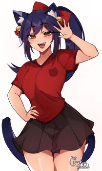 Rule 34 | 1girl, animal ears, arm up, bell, black hair, black skirt, breasts, brown eyes, cat ears, cat girl, cat tail, hair bell, hair ornament, hairclip, hand on own hip, highres, large breasts, long hair, original, parallel hairclips, pleated skirt, red shirt, rukiadaichi, shirt, short sleeves, simple background, skirt, solo, t-shirt, tail, teeth, tongue, white background