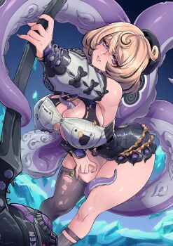 1girl arm_up armpits bare_shoulders bent_over between_breasts black_hair blonde_hair breasts buttons cowlick detached_sleeves dutch_angle feet_out_of_frame fingernails garter_straps hammer hat high-waist_shorts highres holding holding_hammer ice insouwu light_smile lips long_tail looking_at_viewer medium_hair mole mole_under_mouth multicolored_hair nail_polish parted_lips purple_eyes purple_nails ringed_eyes shiny_skin shirt shirt_tucked_in shorts single_garter_strap single_thighhigh skindentation solo standing suction_cups tail tentacle_between_breasts tentacle_tail tentacles thighhighs torn_clothes torn_thighhighs two-tone_hair war_hammer weapon wet yidhari_murphy zenless_zone_zero