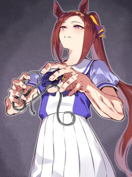 1girl absurdres animal_ears highres horse_ears horse_girl motsunabe_(mo2nap3) muscular muscular_female simple_background smile tagme