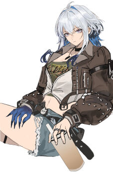 1girl absurdres black_choker blue_hair blue_nails breasts brown_jacket character_name chinese_commentary choker cleavage closed_mouth clothes_writing collarbone collared_jacket colored_inner_hair commentary_request crop_top cup denim denim_shorts disposable_cup earrings from_side galbrena_(wuthering_waves) green_shirt grey_hair hair_between_eyes highres holding holding_cup hoop_earrings jacket jewelry long_sleeves looking_at_viewer looking_to_the_side medium_breasts medium_hair midriff minglu_(gululu) multicolored_hair navel necklace official_alternate_costume purple_eyes shirt shorts simple_background sitting solo thigh_strap thighs very_long_fingernails white_background white_shirt wuthering_waves