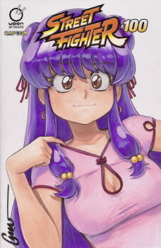 1girl beaded_hair_ornament beads breasts brown_eyes capcom china_dress chinese_clothes cleavage cleavage_cutout clothing_cutout company_name copyright_name double_bun dress earrings hair_beads hair_bun hair_ornament jewelry looking_at_viewer medium_breasts numbered omar_dogan pulling pulling_own_clothes purple_hair ranma_1/2 red_dress red_eyes red_trim shampoo_(ranma_1/2) short_sleeves sidelocks signature simple_background smile street_fighter string third-party_source udon_entertainment white_background
