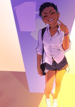 bag black_hair blush bracelet closed_eyes commentary dress_shirt earrings english_commentary face_piercing gradient_hair grey_shorts highres inward_v jewelry multicolored_hair necklace nose_piercing original piercing pudgeruffian riley_fairfeather shirt shoes short_hair short_shorts shorts shoulder_bag tongue tongue_out v white_shirt white_shoes