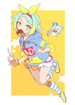 1girl absurdres blue_bow blue_hoodie blush border bow bracelet chuppe closed_eyes commentary cup disposable_cup donut eating food full_body green_eyes green_hair hair_bow hairband highres holding holding_cup hood hoodie idol_time_pripara jewelry leg_warmers looking_at_viewer mouse_(animal) mouth_hold multicolored_hair nijiiro_nino nojima_minami pink_hairband pleated_skirt pretty_series pripara running shoes short_hair skirt sneakers socks star_(symbol) striped_clothes striped_socks symbol-only_commentary two-tone_hair white_border yellow_bow yellow_shoes