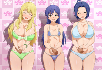 3boys 3girls absurdres ahoge bikini blonde_hair blue_bikini blue_hair breasts brown_eyes closed_eyes commentary_request cowboy_shot disembodied_hand facing_viewer gluteal_fold green_bikini green_eyes handshake highres hoshii_miki idolmaster idolmaster_(classic) kisaragi_chihaya large_breasts large_variant_set long_hair looking_at_viewer miura_azusa multiple_boys multiple_girls navel open_mouth purple_eyes short_hair side-by-side small_breasts smile standing string_bikini swimsuit variant_set white_bikini yagiyama_hituzi