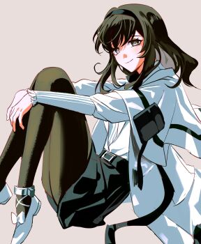 Rule 34 | 1girl, arknights, black eyes, black hair, black hairband, black pantyhose, black skirt, coat, hairband, highres, hugging own legs, long hair, looking at viewer, mevii12345, pantyhose, priestess (arknights), shirt, shoes, simple background, skirt, smile, solo, white coat, white shirt, white shoes