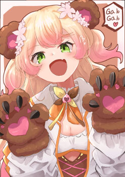 Rule 34 | 1girl, :d, absurdres, animal ears, animal hands, bear ears, bear paws, bell, blonde hair, blush, bow, bowtie, breasts, brown bow, brown bowtie, cleavage, cleavage cutout, clothing cutout, commentary request, corset, crossed bangs, cutout above navel, fake animal ears, fang, flower, frilled shirt, frills, gloves, gradient hair, green eyes, hair flower, hair ornament, heart, highres, hololive, jacket, jingle bell, large breasts, long hair, looking at viewer, medium breasts, momosuzu nene, momosuzu nene (1st costume), multicolored bow, multicolored bowtie, multicolored hair, neck bell, open mouth, orange bow, orange bowtie, orange shirt, paw gloves, peach ornament, pink hair, shirt, sidelocks, skin fang, smile, solo, speech bubble, talking, two side up, underbust, upper body, user tamh4573, virtual youtuber, white flower, white jacket, yellow bow, yellow bowtie