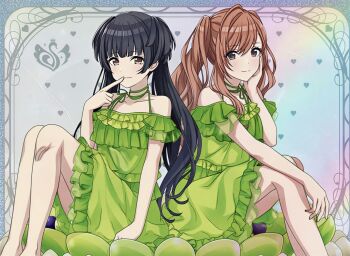 2girls arisugawa_natsuha black_hair dress green_dress grey_eyes heart highres idolmaster idolmaster_shiny_colors mayuzumi_fuyuko multiple_girls official_art orange_hair sitting yellow_eyes