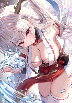 1girl azur_lane breasts cleavage dragon_girl dragon_horns dragon_tail hair_on_horn highres horns large_breasts long_hair looking_at_viewer nontraditional_miko pelvic_curtain red_eyes ribbon-trimmed_clothes ribbon-trimmed_thighhighs ribbon_trim shimanto_(azur_lane) solo tail thighhighs tingin_ee white_background