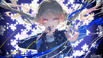 Rule 34 | 1girl, absurdres, ahoge, angry, backlighting, beamed eighth notes, black dress, blonde hair, blue jacket, bow, commentary request, copyright name, copyright notice, denim, denim jacket, dot nose, dress, eighth note, fortissimo, glowing, glowing eyes, gradient hair, hair intakes, hair ornament, hairclip, highres, holding, holding microphone, hololive, hololive dev is, jacket, jewelry, jigsaw puzzle, lace trim, long hair, looking at viewer, microphone, microphone stand, mosaic background, multicolored hair, music, musical note, musical note hair ornament, necklace, nun nu, official alternate costume, official alternate hairstyle, official art, open mouth, orange hair, otonose kanade, otonose kanade (flashpoint), outstretched arm, puzzle, puzzle piece, red bow, red eyes, shirt, singing, solo, sparkle, straight-on, sweat, t-shirt, teeth, twintails, two-tone hair, upper body, upper teeth only, v-shaped eyebrows, very long hair, virtual youtuber, white shirt