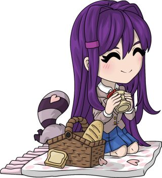 1girl ^_^ artist_request baguette blazer blue_skirt blush bread bread_slice closed_eyes closed_mouth collared_shirt commentary cup deformed doki_doki_literature_club doki_doki_literature_club_school_uniform english_commentary eyelashes food grey_jacket hair_intakes hair_ornament hairclip holding holding_cup jacket kneeling long_hair long_sleeves merchandise_available neck_ribbon no_nose official_art petals picnic_basket picnic_blanket pink_petals purple_hair raccoon red_ribbon ribbon school_uniform second-party_source shirt skirt smile socks solo transparent_background very_long_hair white_shirt white_socks youtooz yuri_(doki_doki_literature_club)