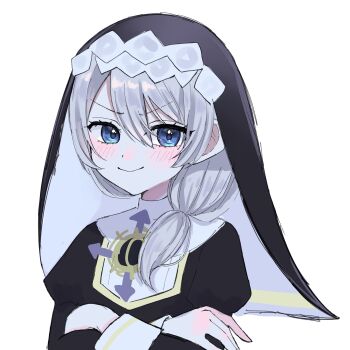 &gt;:) 1girl absurdres black_dress blue_eyes blush closed_mouth commentary_request crossed_arms dress grey_hair hair_between_eyes hair_over_shoulder highres honkai_(series) honkai_impact_3rd juliet_sleeves long_hair long_sleeves low_ponytail mowgenn ponytail puffy_sleeves simple_background smile solo theresa_apocalypse theresa_apocalypse_(valkyrie_pledge) upper_body v-shaped_eyebrows veil white_background