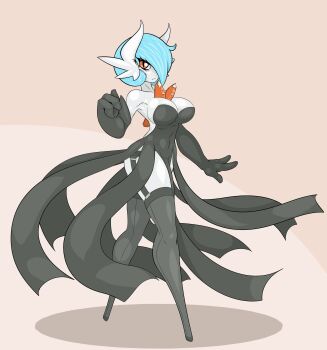 1girl absurdres alternate_color breasts dress female_focus furry gardevoir gen_3_pokemon highres large_breasts limebreaker looking_at_viewer makeup mascara mega_evolution mega_gardevoir mega_pokemon nintendo pokemon pokemon_(creature) shiny_pokemon solo standing wide_hips
