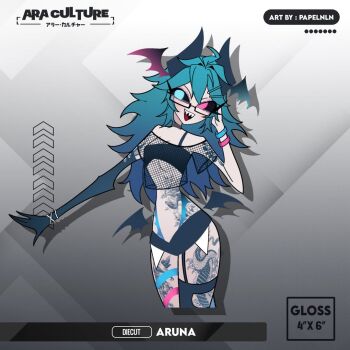 1girl 2024 absurdres adjusting_hair ahoge arm_tattoo artist_name aruna_reaver asymmetrical_gloves asymmetrical_legwear black_bra black_horns black_panties black_sclera black_thighhighs bra breasts character_name chest_tattoo colored_sclera commentary commission cropped_legs demon_girl demon_horns elbow_gloves english_commentary female_focus fishnets garter_belt garter_straps gloves grad gradient_background green_hair grey_background hair_ornament hairclip heterochromia highres horns indie_virtual_youtuber leg_tattoo long_hair low_wings medium_breasts off_shoulder outstretched_arm panties papelnln patterned_background simple_background solo tattoo thighhighs underwear virtual_youtuber vivziepop_(style) wings