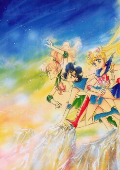 1990s_(style) 3girls :d absurdres artbook bishoujo_senshi_sailor_moon blonde_hair blue_boots blue_choker blue_eyes blue_hair blue_sailor_collar blue_skirt boots choker crescent crescent_choker crescent_earrings double_bun earrings from_side gloves green_choker green_eyes green_sailor_collar green_shoes green_skirt hair_bun highres holding holding_wand incredibly_absurdres inner_senshi jewelry kino_makoto magical_girl mizuno_ami moon_stick_(sailor_moon) multiple_girls non-web_source official_alternate_hair_color official_art open_mouth pale_skin pink_hair ponytail red_boots red_choker retro_artstyle sailor_collar sailor_jupiter sailor_mercury sailor_moon sailor_senshi sailor_senshi_uniform scan shoes short_hair skirt smile takeuchi_naoko tsukino_usagi twintails wand white_gloves