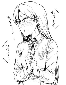 Rule 34 | 1girl, averting eyes, blush, collared shirt, greyscale, idolmaster, idolmaster (classic), kisaragi chihaya, long hair, long sleeves, looking to the side, monochrome, neck ribbon, ribbon, shirt, simple background, solo, sweatdrop, sweater vest, the best schoolmate (idolmaster), translation request, tsurui, upper body, white background