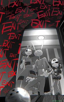 1boy 2girls animal_ears ball bow bowling_ball ceiling ceiling_light commentary constricted_pupils dress english_commentary gloves greyscale hair_bow hat highres jax_(the_amazing_digital_circus) light monochrome multicolored_bodysuit multiple_girls overalls patchwork_clothes pomni_(the_amazing_digital_circus) rabbit_boy rabbit_ears rabbit_paws ragatha_(the_amazing_digital_circus) scared sonokare spot_color sweatdrop the_amazing_digital_circus two-tone_bodysuit two-tone_hat white_gloves wooden_floor