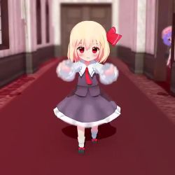 &gt;_&lt; 2girls 3d :d animated blonde_hair blush chibi cutscene dark_souls_(series) dark_souls_i dress falling fangs hallway hug interior looking_at_viewer lvgatarin multiple_girls necktie o_o open_mouth outstretched_arms parody pov reaching reaching_towards_viewer red_eyes remilia_scarlet rumia smile sound tagme touhou tripping video video_game video_game_screencap walking you_died zombie_pose