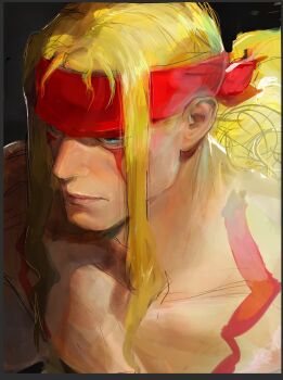 Rule 34 | 1boy, alex (street fighter), alsonotdon, black background, blonde hair, blue eyes, body markings, closed mouth, collarbone, commentary, facial mark, hair intakes, headband, highres, long hair, male focus, pectorals, ponytail, red headband, solo, street fighter, topless male, unfinished, upper body