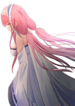 1girl azur_lane bare_shoulders breasts commentary detached_sleeves dress frilled_hairband frills from_side hairband long_hair long_sleeves looking_at_viewer looking_to_the_side medium_breasts perseus_(azur_lane) pink_hair simple_background sleeves_past_fingers sleeves_past_wrists solo twintails very_long_hair white_background white_dress wide_sleeves yellow_eyes yonosuga