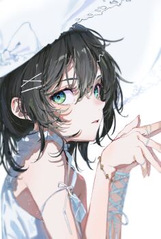 1girl absurdres bare_shoulders black_hair blue_eyes bow bracelet commentary_request dress frilled_hat frills gold_bracelet green_eyes hair_between_eyes hair_ornament hairclip hanozuku hat hat_bow highres jewelry large_hat looking_at_viewer multicolored_eyes multiple_rings nail_polish original parted_lips ring short_hair sidelocks simple_background single_bare_arm sleeveless sleeveless_dress solo upper_body white_background white_bow white_dress white_hat x_hair_ornament