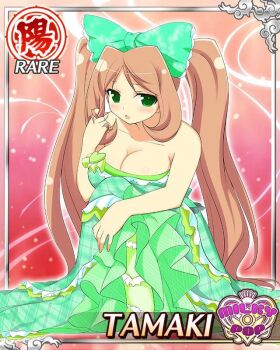 1girl :o bare_shoulders border bow breasts brown_hair card_(medium) character_name cleavage dress english_text frilled_dress frills game_cg green_bow green_dress green_eyes hair_bow hugging_own_leg large_breasts light_blush long_hair looking_at_viewer official_alternate_costume official_art playing_with_own_hair senran_kagura senran_kagura_new_wave sitting solo tamaki_(senran_kagura) twintails