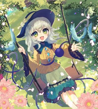 1girl black_hat blouse blush bow buttons cover cover_page diamond_button eyeball floral_print flower frilled_shirt_collar frilled_sleeves frills green_eyes green_hair green_skirt hat hat_bow hat_ribbon heart heart_of_string highres holding holding_string komeiji_koishi long_sleeves looking_at_viewer open_mouth ribbon rose_print shirt short_hair skirt smile solo string swing third_eye touhou tsukikusa wide_sleeves yellow_bow yellow_ribbon yellow_shirt