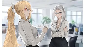 2girls alternate_costume azur_lane black_skirt blonde_hair blue_eyes bow breasts chair character_request check_character cleavage collared_shirt commentary_request copyright_request cup desk glasses grin hair_bow highres holding holding_paper id_card indoors kawanishimaki lanyard large_breasts long_hair looking_to_the_side monitor multiple_girls office_lady orange_eyes paper partially_unbuttoned plant ponytail shirt shirt_tucked_in sidelocks skirt smile very_long_hair white_hair white_shirt window yorktown_(azur_lane)
