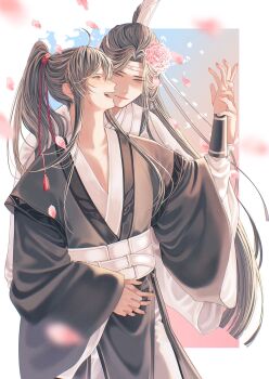 Rule 34 | 2boys, ahoge, bishounen, black hair, black hanfu, blurry, blurry foreground, blush, brown hair, chinese clothes, closed mouth, commentary request, couple, falling petals, flower, grey eyes, hair flower, hair ornament, hair ribbon, hand grab, hand up, hanfu, headband, high ponytail, highres, holding hands, hug, hug from behind, lan wangji, long hair, long sleeves, looking at another, male focus, modao zushi, multiple boys, open mouth, pants, petals, pink flower, pink petals, ponytail, profile, red ribbon, ribbon, robe, sash, sidelocks, sky, smile, standing, tassel, tassel hair ornament, topknot, tsubame-shi (tubame), upper body, very long hair, wei wuxian, white hanfu, white headband, white pants, white sash, wide sleeves, xiao guan (headdress), yaoi, yellow eyes